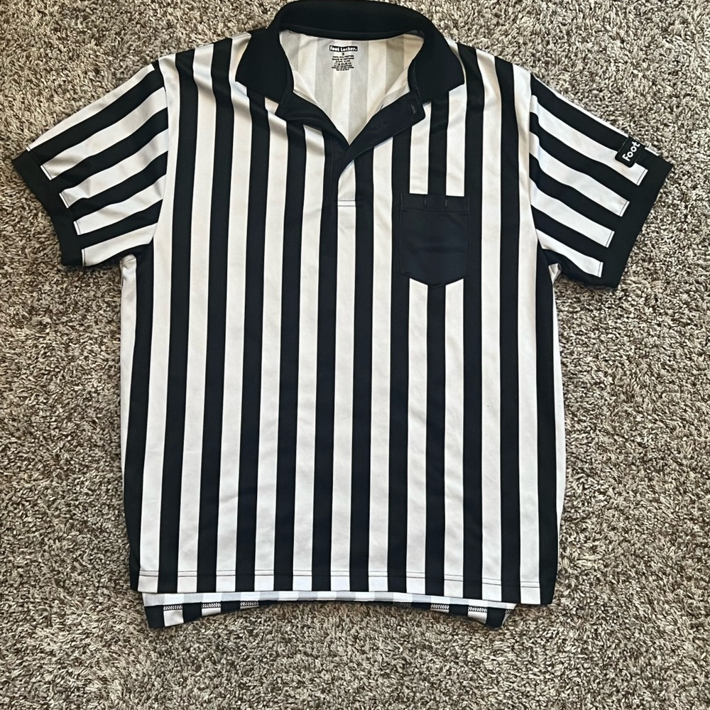 Foot Locker Employee Polo Shirt – Size Small  
Black/White Striped Referee Style